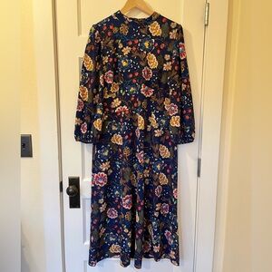 Maggy London • Navy Floral Empire Waist Midi Dress • Blouson Sleeves • US 14